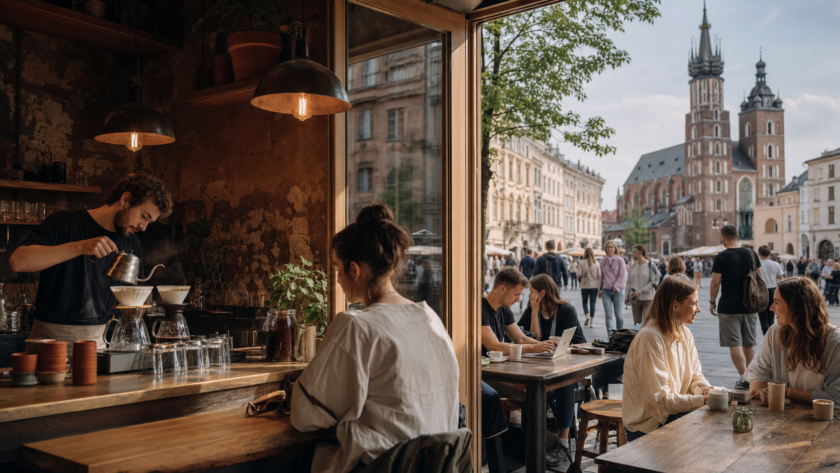 A lively specialty coffee bar opening onto Kraków's historic Old Town.